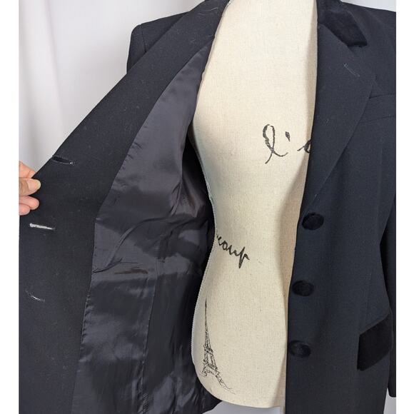 80s 90s Blazer A Line Anne Klein Velvet Trimmed Wool Blazer Black Size 2 - Picture 10 of 16